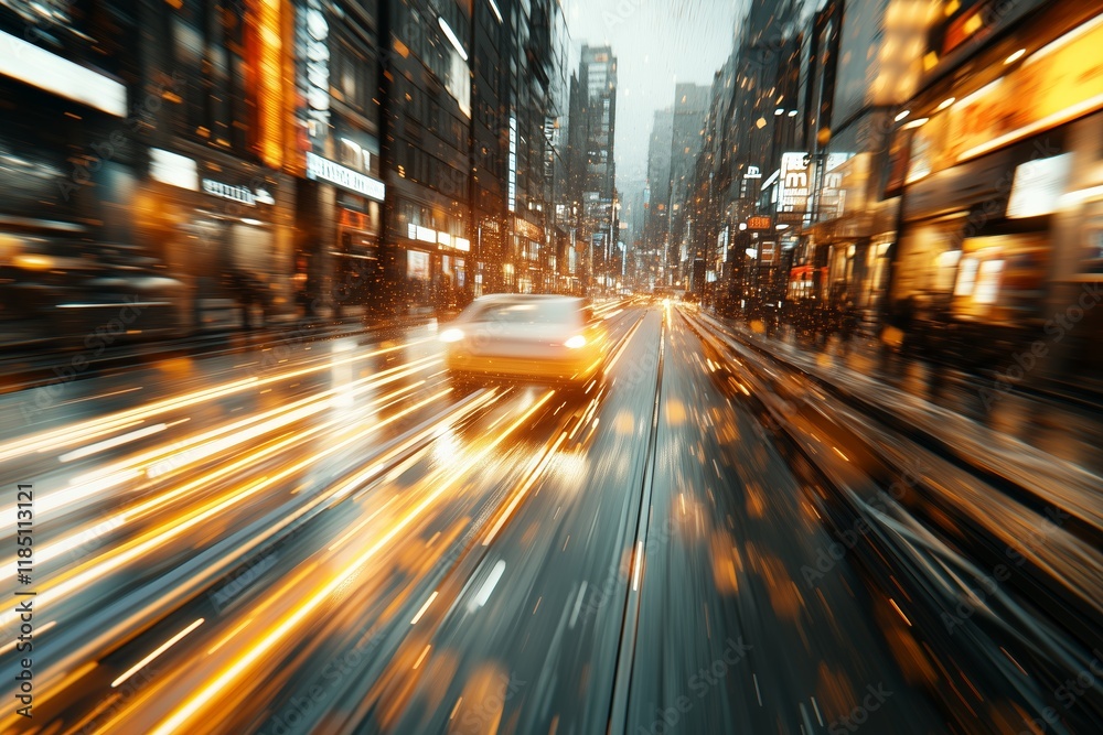 A high-energy urban scene showcasing a fast-moving car leaving glowing golden light trails on a wet city street. A high-energy urban scene showcasing a fast-moving car leaving glowing golden light trails on a wet city street.
