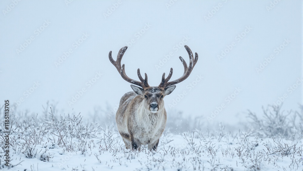 Majestic caribou with frost covered antlers stands strong in a snowy Arctic landscape Majestic caribou with frost covered antlers stands strong in a snowy Arctic landscape