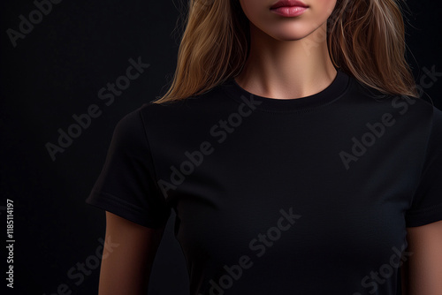 beautiful woman wearing black mens t-shirt, black background, unsymmetrical, athletic build