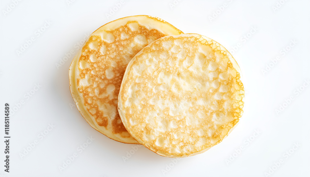 Crepes isolated on white background, top view. Homemade thin crepes for breakfast or dessert Crepes isolated on white background, top view. Homemade thin crepes for breakfast or dessert