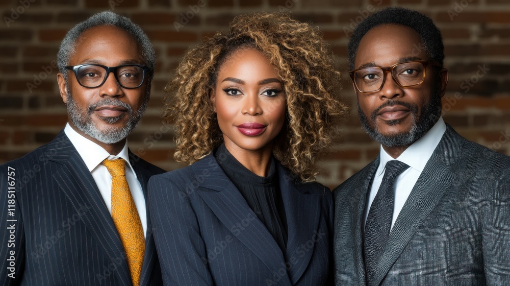 Three men and a woman are posing for a photo. The man on the left is wearing a tie and glasses, while the woman is wearing a suit and tie Three men and a woman are posing for a photo. The man on the left is wearing a tie and glasses, while the woman is wearing a suit and tie