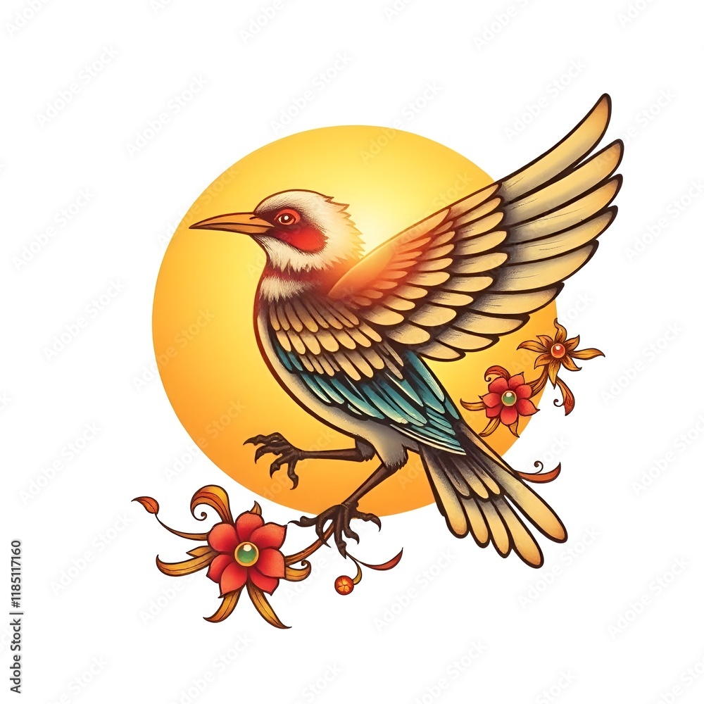 Fototapeta premium Artistic Bird with Spread Wings in Traditional Asian Style Against Sun
