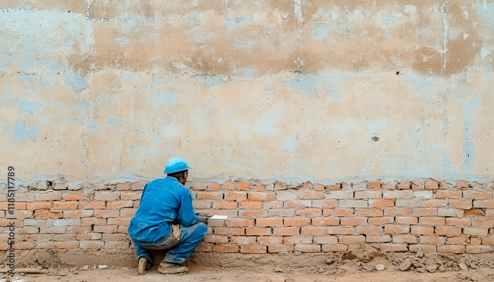 Bricklayer is near brickwork on exterior wall with putty knife in construction site Bricklayer is near brickwork on exterior wall with putty knife in construction site