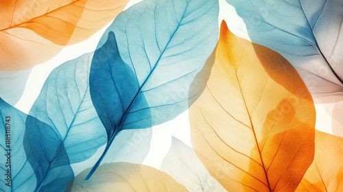 An elegant arrangement of blue and orange leaves delicately placed against a minimalist white background.