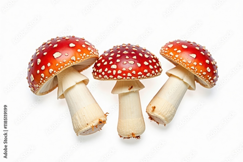 A group of three red toadstools with white spots, carefully arranged and isolated on a white background. Each mushroom is unique, showing different angles and sizes with clear details A group of three red toadstools with white spots, carefully arranged and isolated on a white background. Each mushroom is unique, showing different angles and sizes with clear details