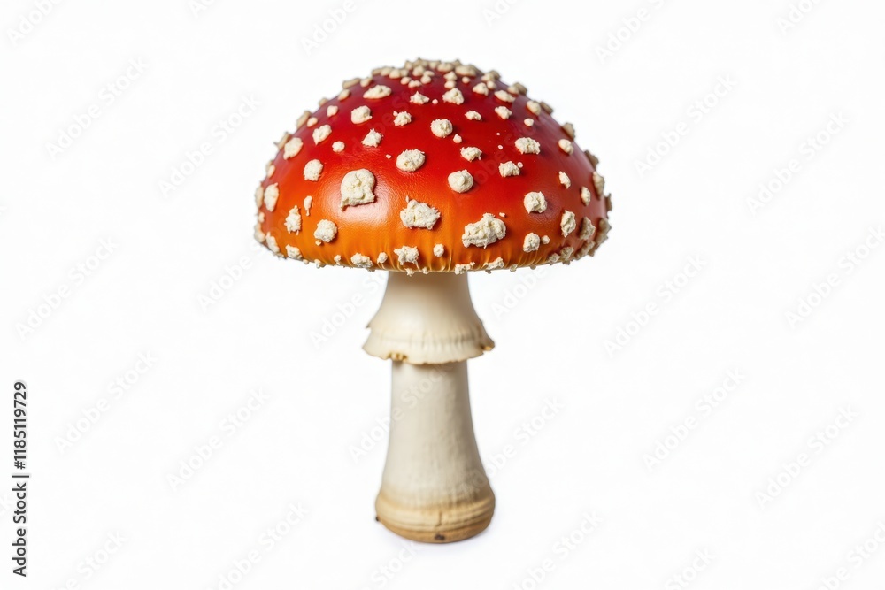 A single red toadstool with white spots, perfectly clean and sharp, isolated on a pure white background. The mushroom is detailed and vibrant, with a smooth stem and clear texture A single red toadstool with white spots, perfectly clean and sharp, isolated on a pure white background. The mushroom is detailed and vibrant, with a smooth stem and clear texture