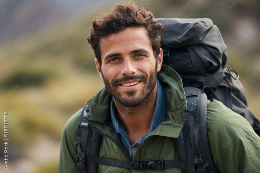 Portrait of a handsome young man with a backpack in the mountains. Portrait of a handsome young man with a backpack in the mountains.