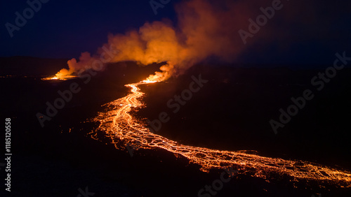Iceland Volcano near Grindavik, Lava field at sunset aerial view