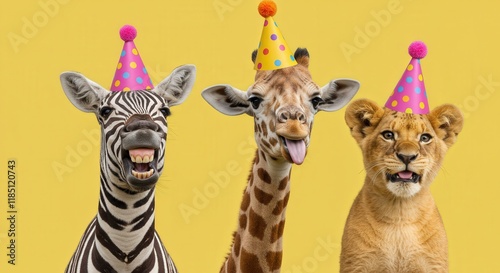 The giraffe zebra and lion are smiling and appear to be having a good time wearing a party hats. Happy birthday postcard.