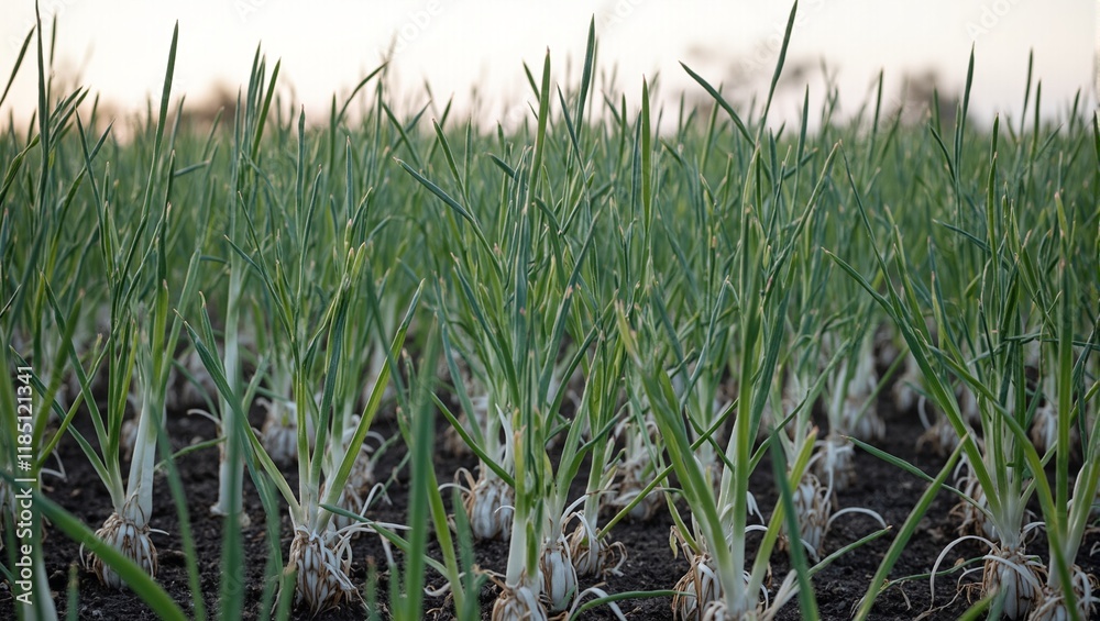 Fototapeta premium Fresh scallions with thin green stems and white bulbs gently swaying in the evening breeze
