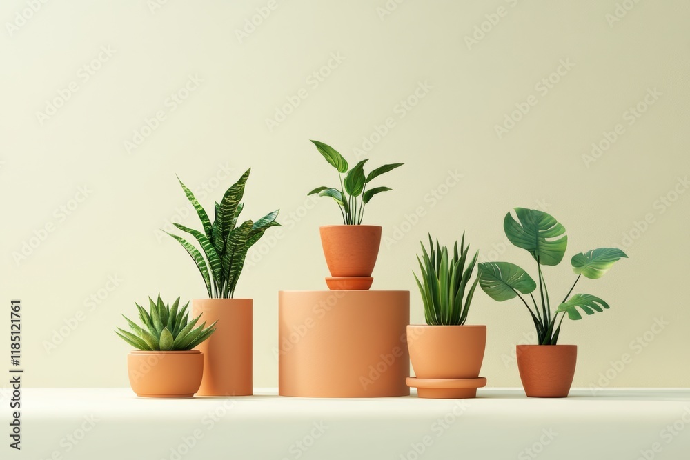 indoor gardening hobby - different plant pots, each with unique foliage, arranged aesthetically, minimal background with copy space indoor gardening hobby - different plant pots, each with unique foliage, arranged aesthetically, minimal background with copy space