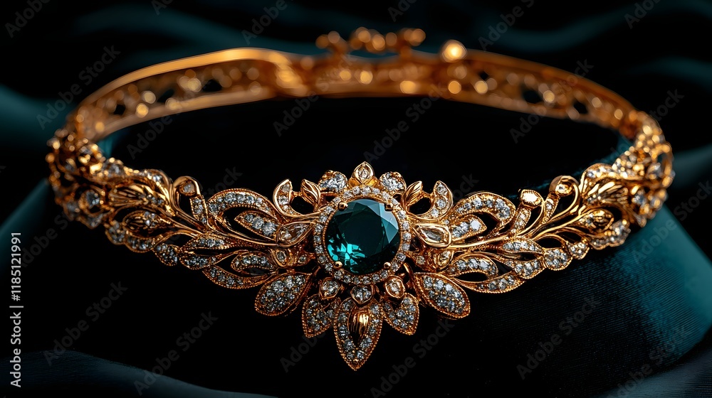 Obraz premium Exquisite Vintage Gold Crown with Emerald and Diamond Accents on Elegant Fabric Background, Perfect for Luxurious Fashion or Jewelry Display