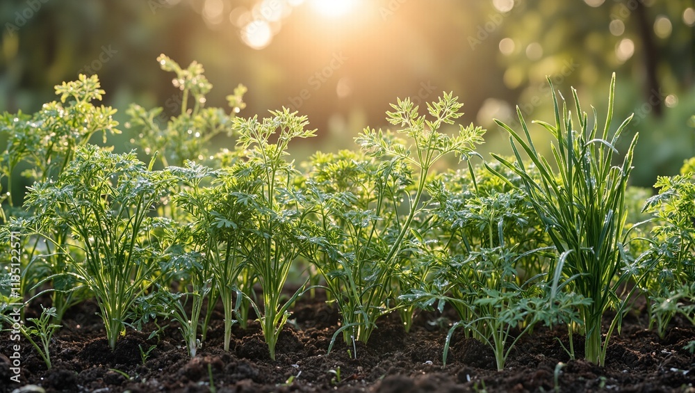 Obraz premium Tranquil garden with dill parsley and chives gleaming with dew in the gentle morning sun