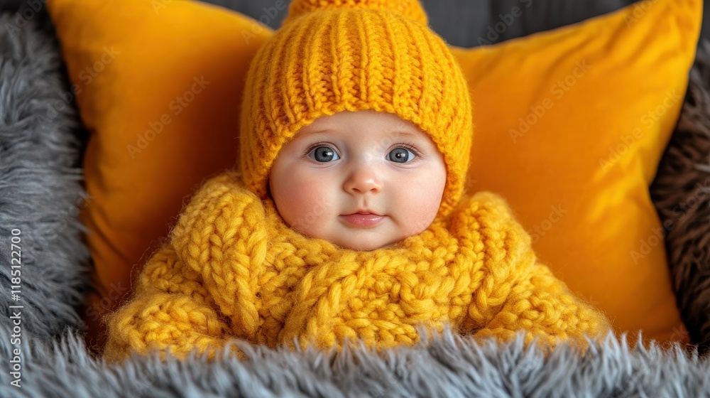 A baby wearing a yellow hat and a yellow sweater is laying on a pillow. The baby has a cute and innocent expression on its face A baby wearing a yellow hat and a yellow sweater is laying on a pillow. The baby has a cute and innocent expression on its face