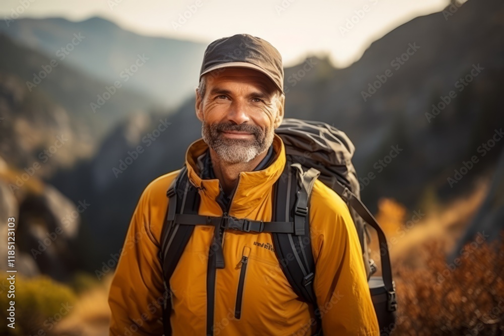 Portrait of a senior hiker smiling at the camera while hiking in the mountains Portrait of a senior hiker smiling at the camera while hiking in the mountains