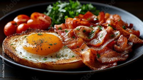 Delicious Breakfast: Fried Egg, Bacon, and Tomatoes on Toast photo