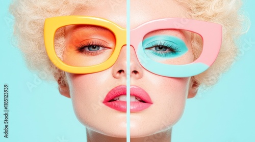 Smiling Woman with Colorful Split-Face Makeup and Sunglasses photo