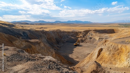 Excavator in a large quarry, arid landscape with mountains in the background.