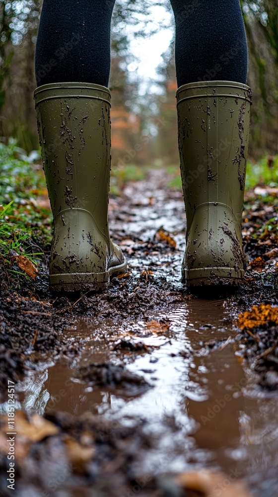Rain boots on a muddy path surrounded by fresh spring foliage and trees Rain boots on a muddy path surrounded by fresh spring foliage and trees
