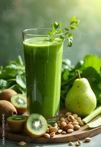 Healthy eating, vegan, alkaline and vegetarian concepts. Green smoothie with celery, kiwi and spinach.