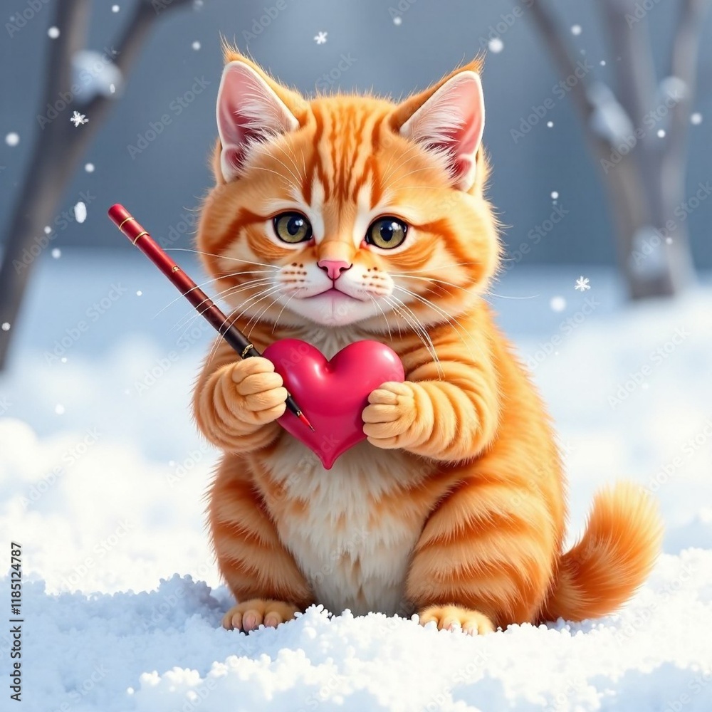 A cute red-haired cat holds a heart and a brush in his hands