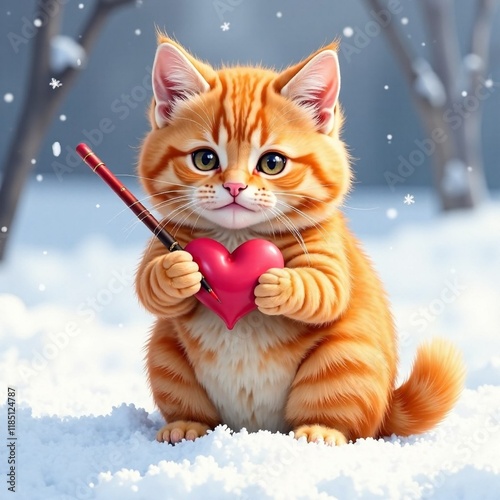 Obraz na płótnie A cute red-haired cat holds a heart and a brush in his hands w salonie