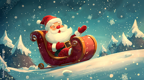 funny santa claus riding a sleigh with reindeer carrying a bag full of gifts in a cheerful christmas holiday scene illustration
