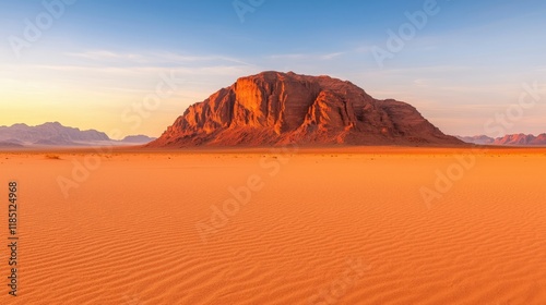 Wilderness and desert pristine, A stunning desert landscape featuring a prominent rock formation against a backdrop of a clear sky and rolling sand dunes at sunset.