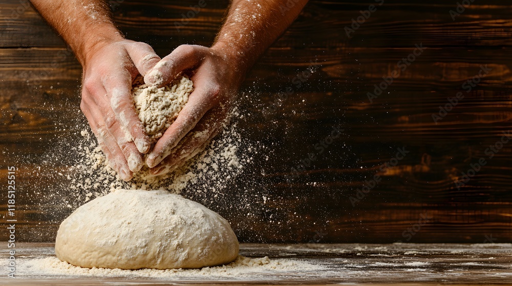 Obraz premium Hands Kneading Dough with Flour Dust in a Rustic Kitchen Setting, Capturing the Art of Bread Making and Culinary Craftsmanship in Action