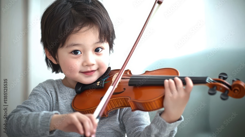 Asian child playing violin at home: practicing musical instrument Asian child playing violin at home: practicing musical instrument