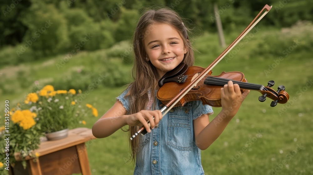 Young girl carefully playing violin outdoors in a garden Young girl carefully playing violin outdoors in a garden