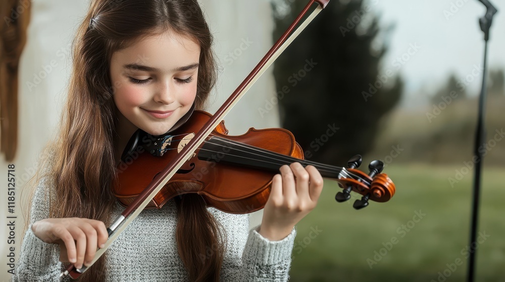 Young girl learning to play the violin with a bow outdoors Young girl learning to play the violin with a bow outdoors