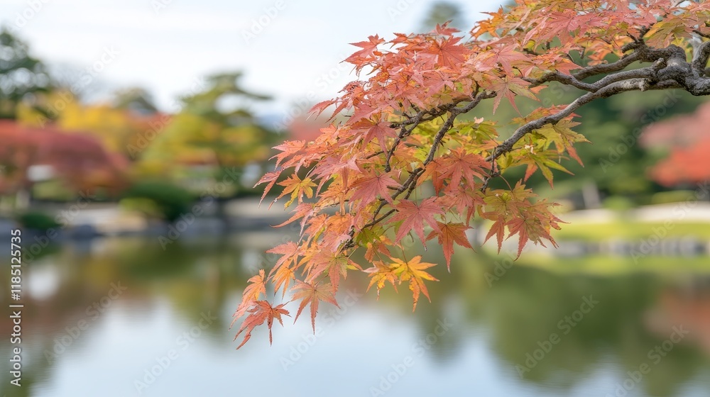 Beautiful Autumn Leaves Reflecting in Serene Lake with Calm Atmospheric Ambiance and Vibrant Color Palette of Red, Orange, and Yellow in Tranquil Garden Setting Beautiful Autumn Leaves Reflecting in Serene Lake with Calm Atmospheric Ambiance and Vibrant Color Palette of Red, Orange, and Yellow in Tranquil Garden Setting