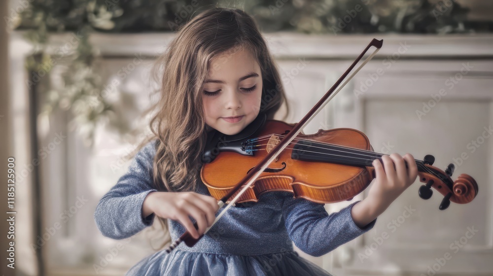 Young girl learning to play the violin with concentration and passion Young girl learning to play the violin with concentration and passion