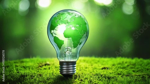 a green light bulb in the grass symbolizes green energy, sustainability but also climate change and global warming.
