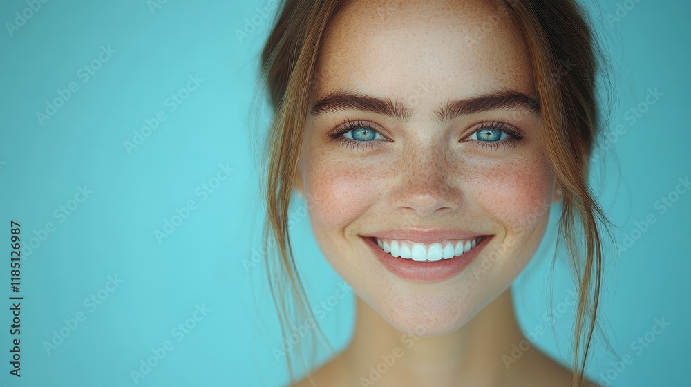 A woman with a smile on her face and her hair in a bun. She has blue eyes and is wearing makeup A woman with a smile on her face and her hair in a bun. She has blue eyes and is wearing makeup