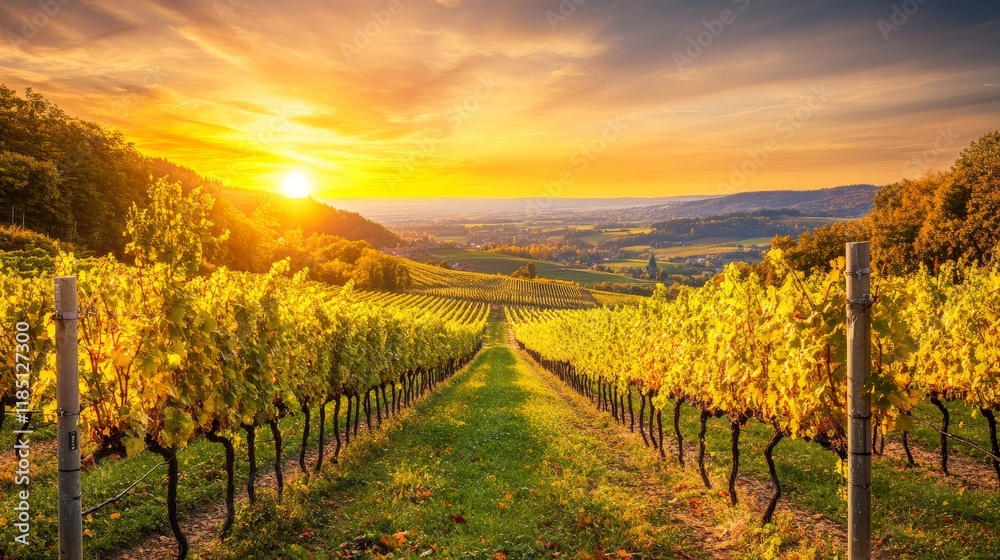 Fototapeta premium Breathtaking Sunset Over Lush Vineyard Rows in Autumn, Capturing Golden Light and Rolling Hills in a Picturesque Landscape of Nature's Beauty