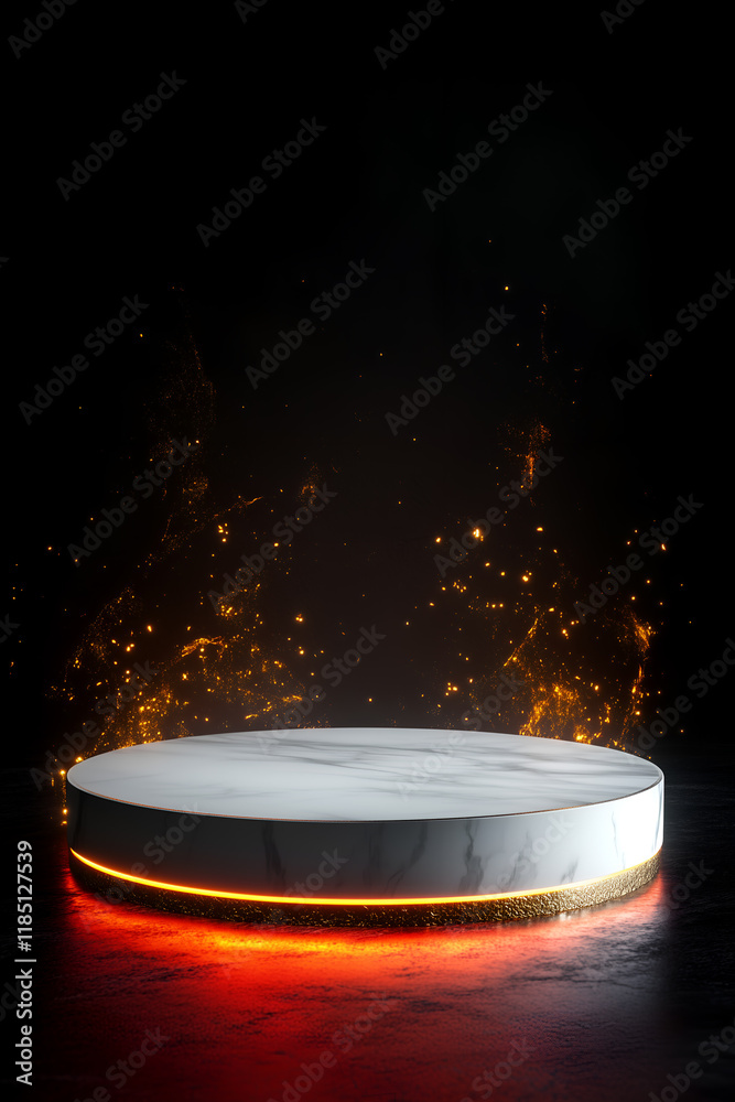 luxury white podium with glowing neon border, soft golden dust particles, vertical orientation