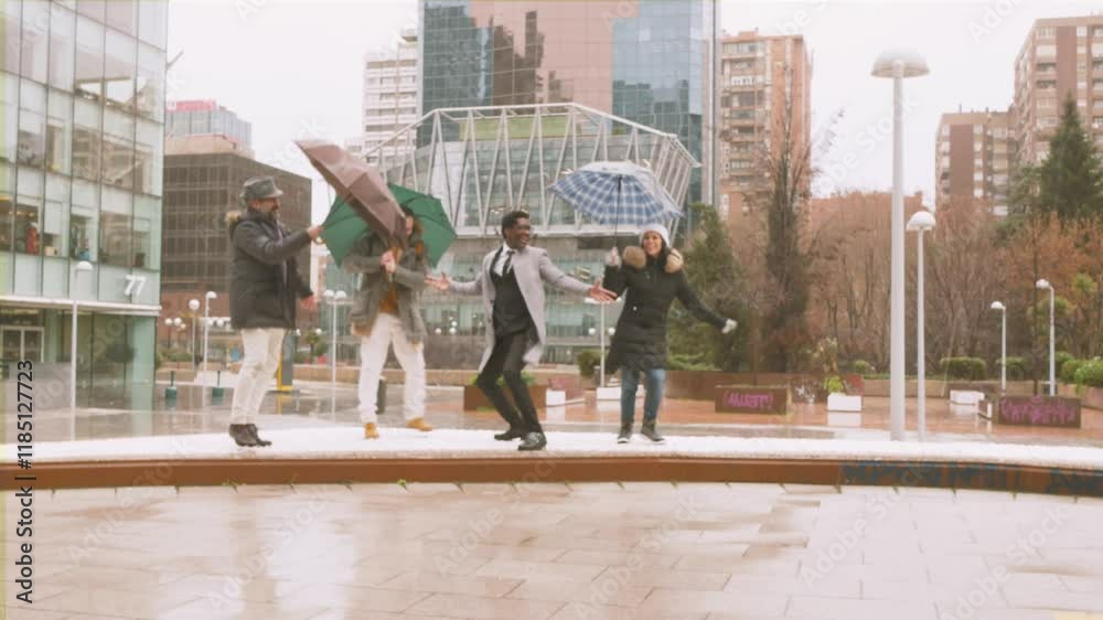 Three office workers dance in the rain with colorful umbrellas. A fourth, a Black dancer wearing glasses, joins energetically. Perfect for fun, teamwork, and creative urban themes
