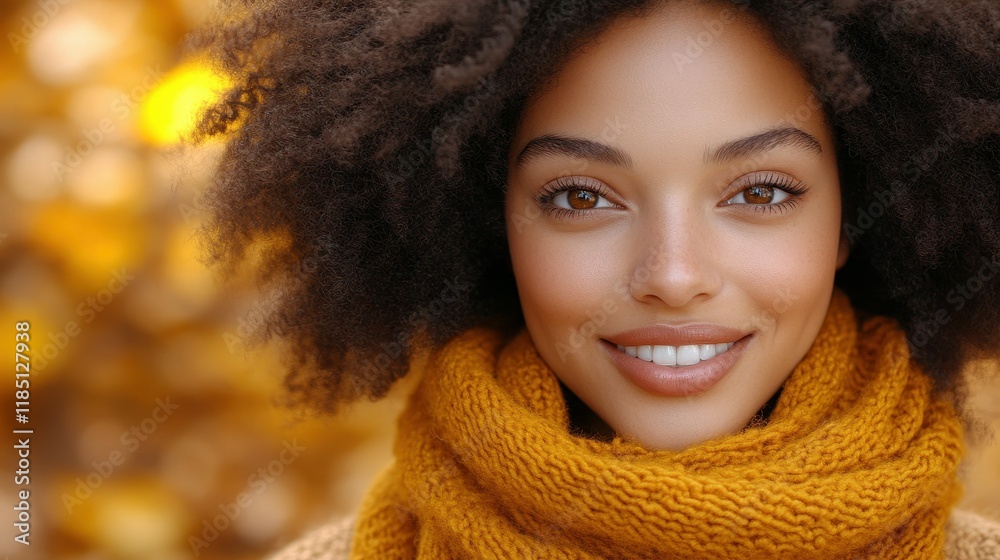 A woman with curly hair and a yellow scarf is smiling. The image conveys a warm and friendly atmosphere A woman with curly hair and a yellow scarf is smiling. The image conveys a warm and friendly atmosphere