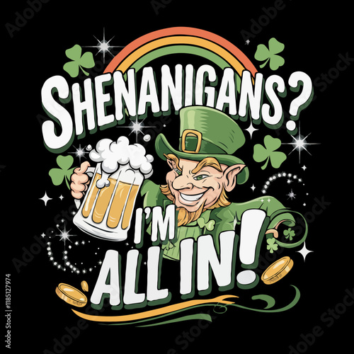 St. Patricks Day leprechaun grins, holding a beer mug. Rainbow, shamrocks, gold coins