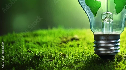 a green light bulb in the grass symbolizes green energy, sustainability but also climate change and global warming.