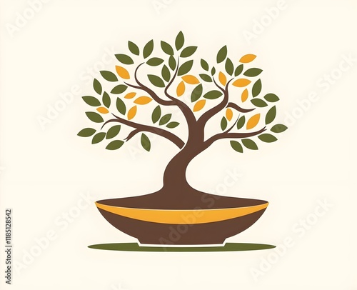 A simple bonsai tree logo with large illustrated green, brown, and yellow leaf details