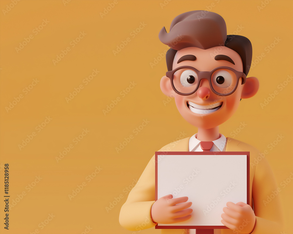 Cheerful Cartoon Character Holding Blank Sign for Custom Message in 3D Illustration with Yellow Background Cheerful Cartoon Character Holding Blank Sign for Custom Message in 3D Illustration with Yellow Background