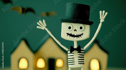 Happy skeleton character with  Halloween themed background. photo