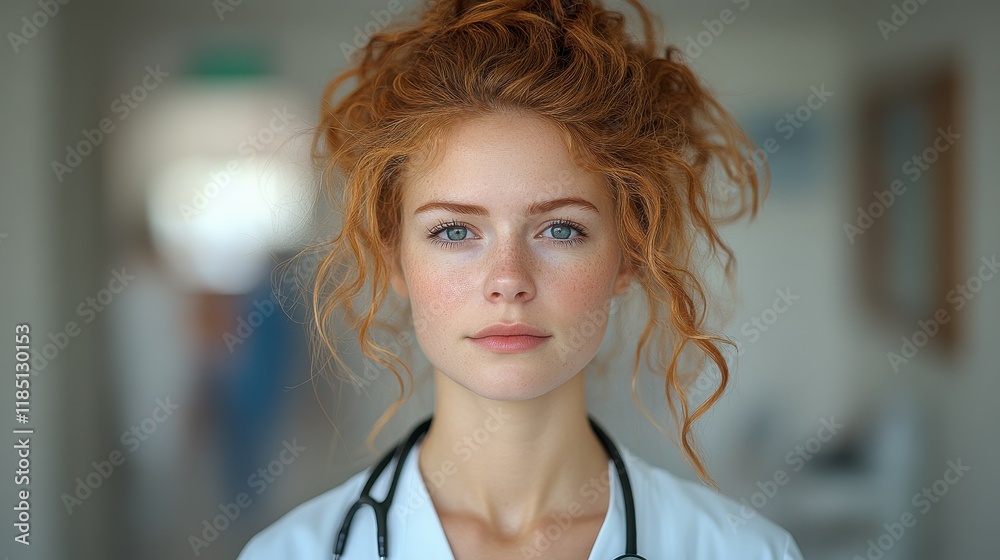 A woman with red hair and blue eyes is wearing a white coat and standing in front of a wall A woman with red hair and blue eyes is wearing a white coat and standing in front of a wall