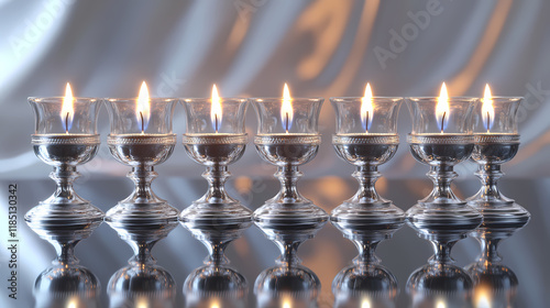 Hanukkah menorah with candles, jewish festival holiday, month of kislev, hebrew calendar, traditional celebration for dedication of the second temple. Skysilver. Illustration photo