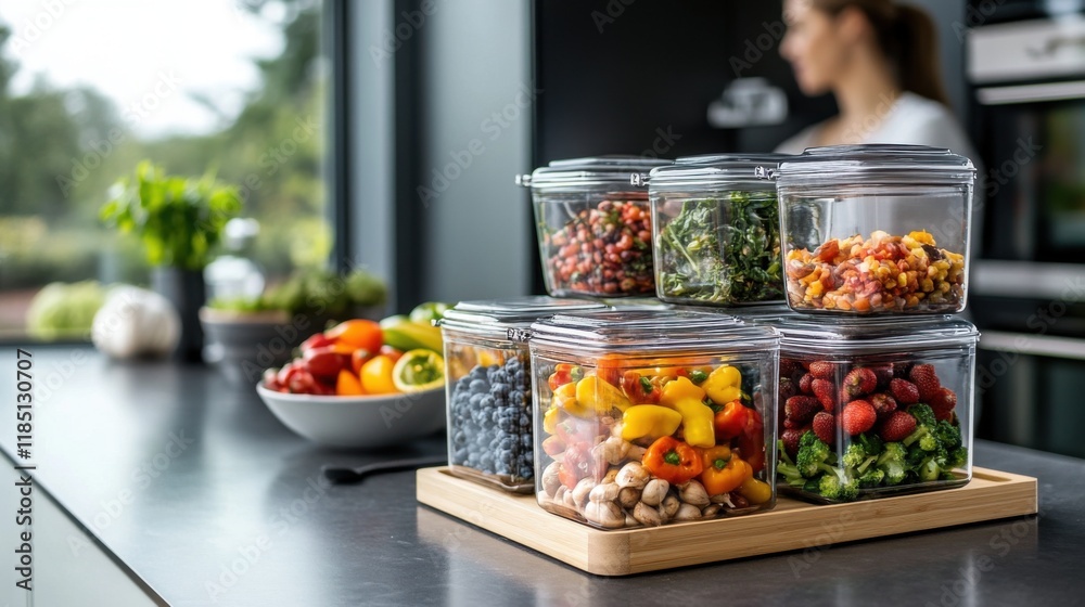 Fresh Vegetables and Fruits Stored in Glass Containers on Modern Kitchen Countertop with Woman in Background Fresh Vegetables and Fruits Stored in Glass Containers on Modern Kitchen Countertop with Woman in Background