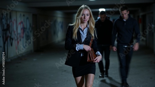 Businesswoman Being Followed in a Dark Urban Alley