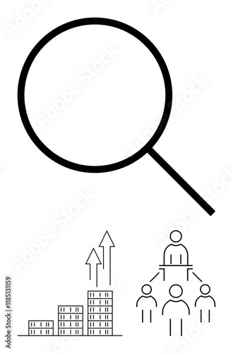 Magnifying glass above graph with rising arrows and hierarchical diagram. Ideal for business analysis, growth, leadership, research, management, structure, strategy concepts. Abstract line flat